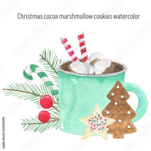 Christmas composition watercolor cocoa cookies marshmallow