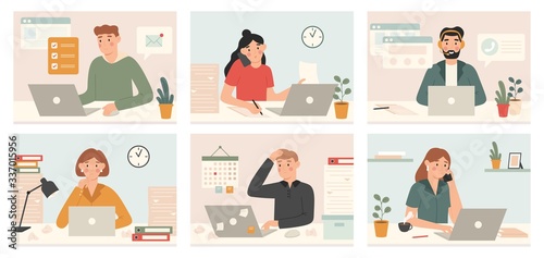 Busy workers work with laptop. Deadline, tired overworked people with too many tasks and office work processes vector illustration set. Employee stress and tired, job manager workspace