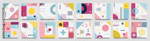Abstract neo memphis geometric patterns. Geo grid square, color modern geometrical background with lines and dotted pattern vector set. Illustration of collection banner with dotted square background