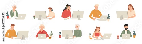 People work with computers. Students work with laptop and computer, office workers and seniors with laptops cartoon vector set. Man workplace at computer or laptop, office work illustration