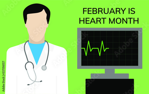 Doctor cardiologist with heart monitor. February is hear month. Vector stock illustration