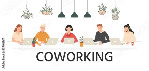 People work together in coworking. Team work, workspace for teams and rental workplace cartoon vector illustration. Business together coworking, character teamwork office