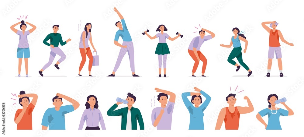 Sweating people. Sweaty man with wet underarms, gymnastically tired girl and unpleasant underarm smell vector set. Man and woman sweat, sweaty and sweating body illustration