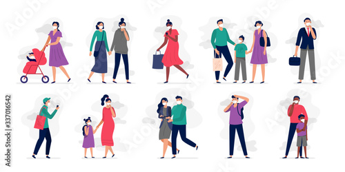 People wearing air pollution masks. Polluted environment problem, safety breathing face mask and city smog protection vector illustration set. People protection mask, protective against emission toxic
