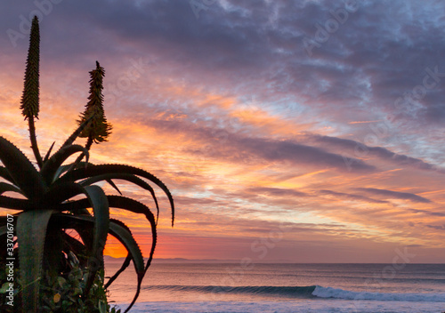 sunrise over waves rolling into super tubes at Jeffrey's bay photo