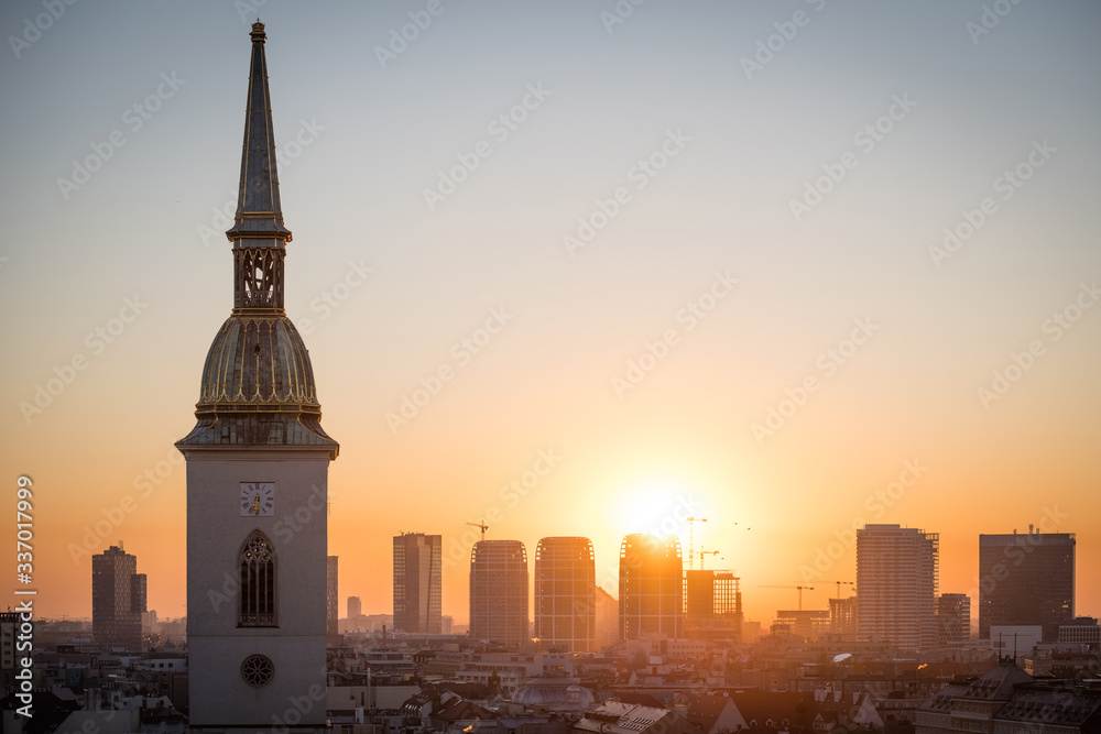 Cityscape of Bratislava at dawn with St. Martin's Cathedral in front, Slovakia