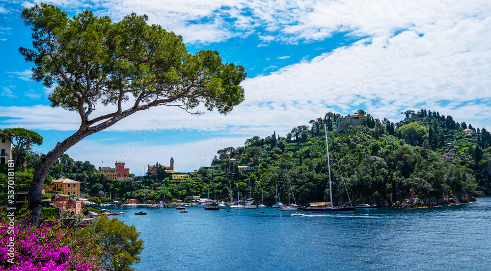 Fototapeta premium Scenic picture-postcard view of famous with wonderful gulf, luxury villas in mediterranean garden, rock and boats, yachts in spectacular vacation resort, Portofino, Liguria, Italy, Europe.