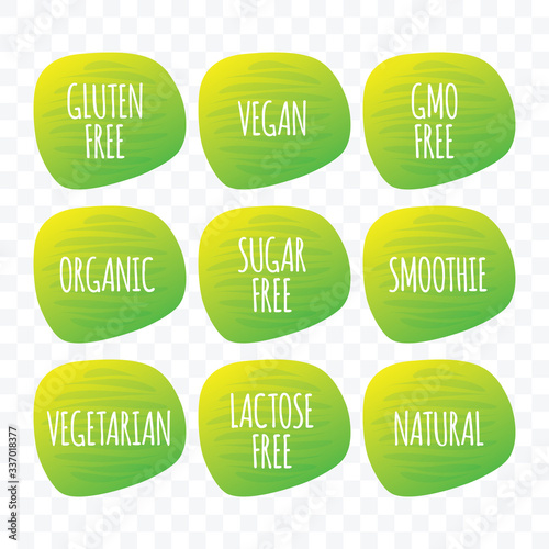 Organic Vegan Vegetarian Natural Smoothie Gluten Sugar Lactose GMO Free green gradient vector icon. Isolated label set on transparent background. Symbol for food, healthy eating, design, sticker