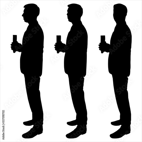 Men, guys are standing in line. Set of three characters. Businessman is standing in profile and holding a folder, document, contract. Head is turned in different directions. Vector illustration.