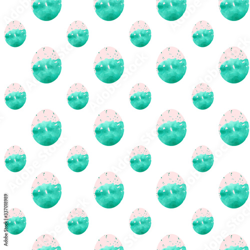 Emerald with pink top Easter egg seamless pattern. Hand drawing watercolor sketch on white background. Colorful illustration. Picture can be used in greeting cards, posters, flyers, banners, logo