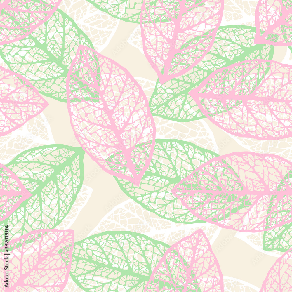 Pink and green leaves vector seamless pattern