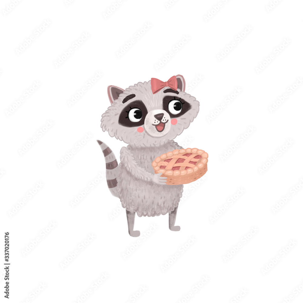 Cute raccoon with cake and bow for girls greeting card, invitation, poster, sticker, print. isolated illustration of funny animal character Cute raccoon with cake and bow for girls greeting card, invitation, poster, sticker, print. isolated illustration of funny animal character