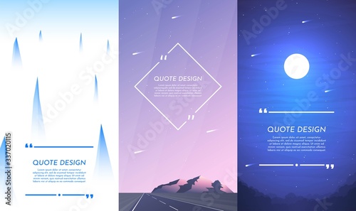 Vector illustration. Nature concept. Design for flyers, posters, social media stories with quote box. Flat landscape. Misty tops of mountains, rock near highway road, night scene with moonlight
