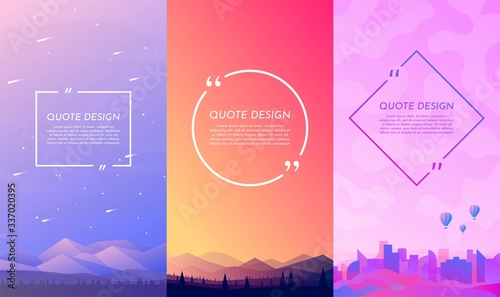 Vector illustration. Nature concept. Design for flyers, posters, social media stories with quote box. Flat landscape. Forest and mountain, woods and hills, city with air balloon. Geometric concept