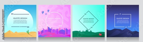 Minimalist vector backgrounds set of 4 landscapes. Social media, blog post templates. Flat desert, futuristic city buildings with air balloons, alone house in forest hills, night scene with starry sky