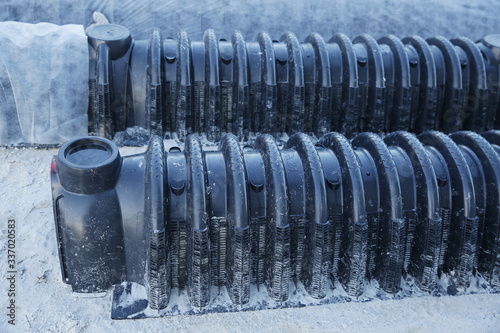 sewage system
septic leach field under constructions or
leachfield chamber. Pattern of groundwater pipe. Close-up