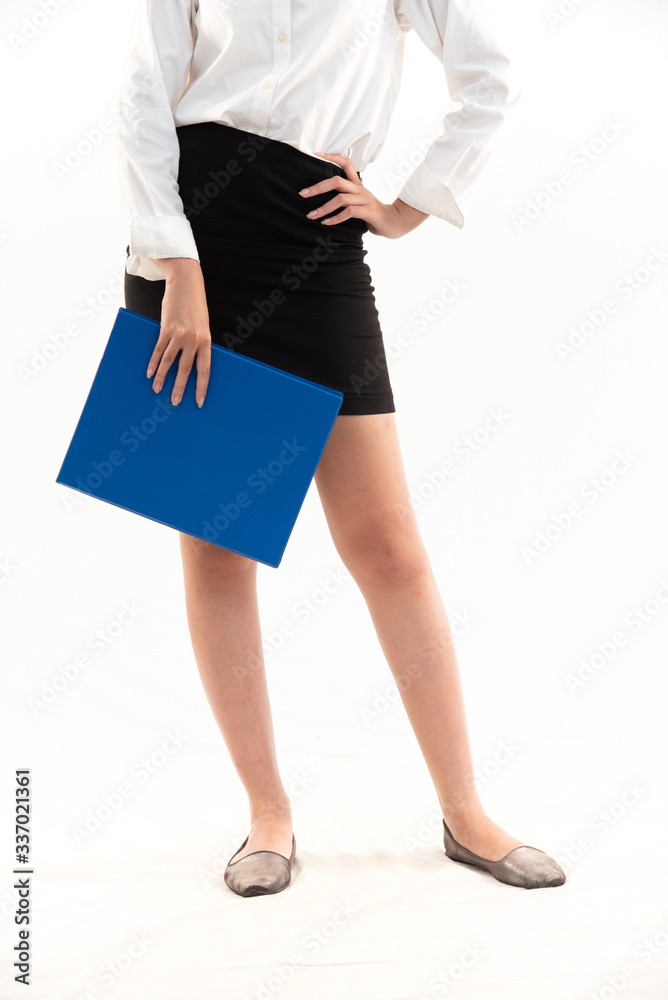 half of young asian businesswoman hand hold report document isolated over white background. half of young asian businesswoman hand hold report document isolated over white background.