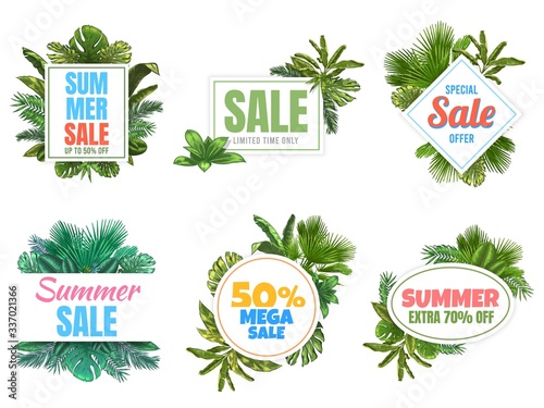 Summer sale badges. Abstract sale poster with tropical leaves, floral frame label and summer offer badge vector set. Summer promotion tropical, seasonal leaf label illustration