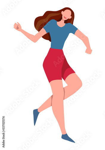 Flat vector illustration. Girl fun bounces or runs. Simple minimalistic picture. Bright color element isolated on white for various design, postcards, print, poster, advertisement, print, banner etc.