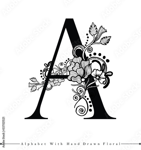 Alphabet Letter with Black and White Hand Drawn Floral Background