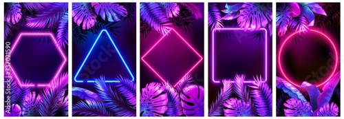 Tropical neon frames. Bright glowing leaves, cyber floral frame and leafs in neon lights vector background set. Neon frame tropical, palm leaf poster illustration