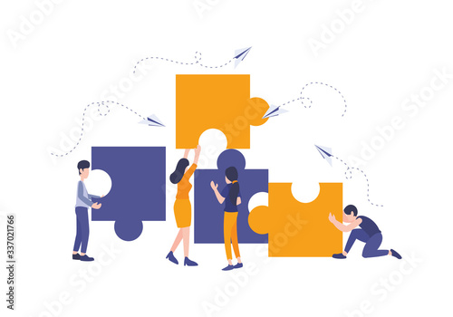 Vector flat illustration, Business concept. Team metaphor. people connecting puzzle elements. Big jigsaw parts with man and woman, Symbol of teamwork, cooperation, partnership.