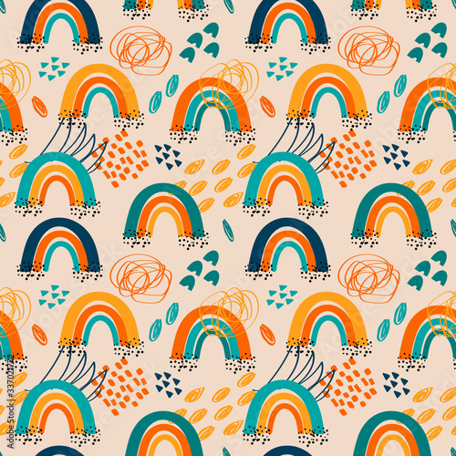 Colorful seamless vector pattern with hand drawn rainbows, childish seamless pattern