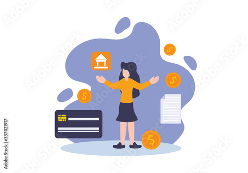 Financial planning concept. Debit card, investment, marketing strategy, property contract and growing income. Woman give explanation with icons. Elements for banner, web, landing page, and poster.
