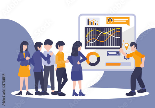 Businessman teacher giving employee people lecture or presentation at board room. A man showing diagram, chart, and pointing at big screen. Flat vector illustration, business theme.