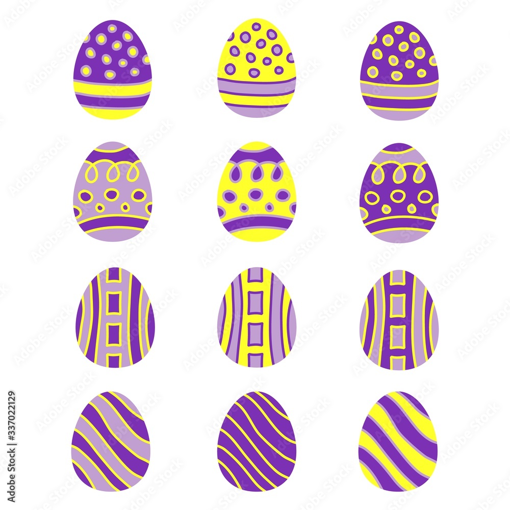 Set of colorful Easter eggs isolated on white background. Set of painted Easter eggs for party, celebration, greeting cards and decoration for Easter. Twelve pieces