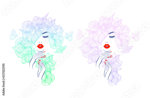 Beautiful woman face red lips, hand with red manicure nails. Beauty Logo. Vector illustration, diadem flowers, butterflies, floral motive, abstract wallpaper, spa salon, sign, symbol, nails studio.