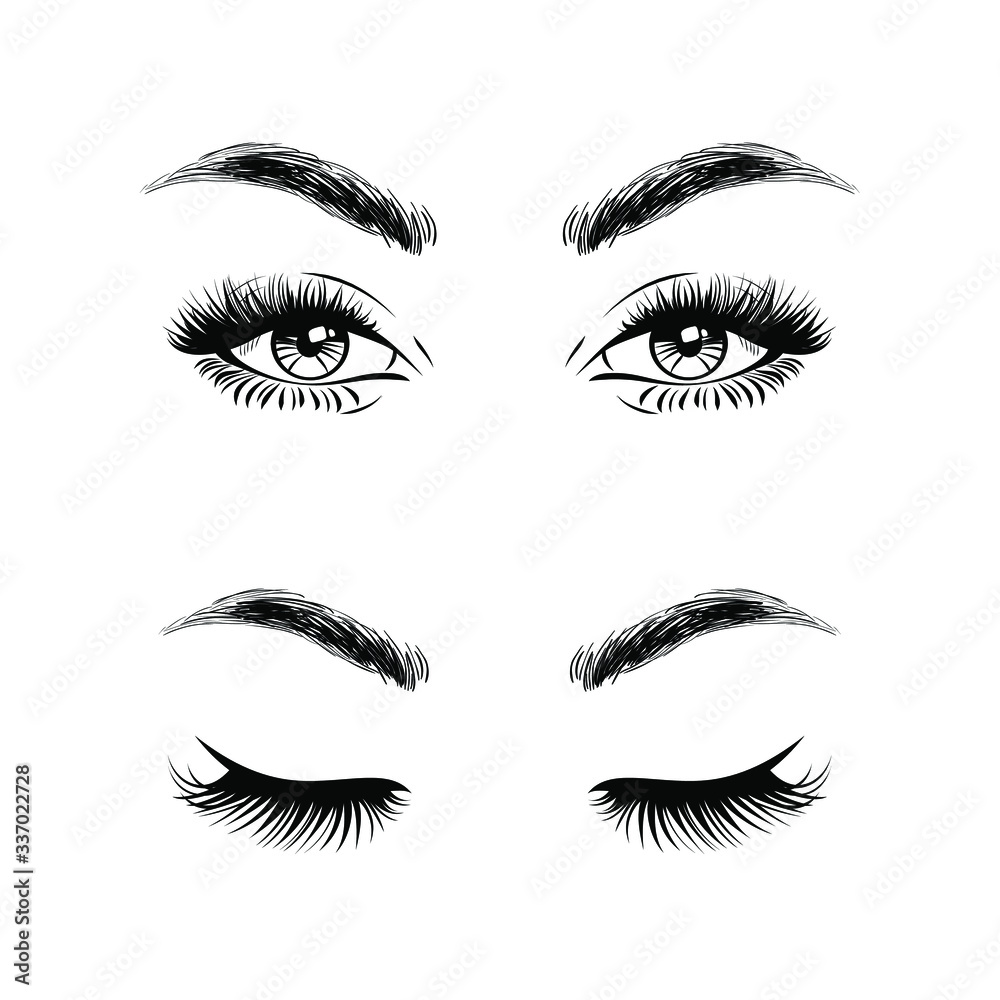 Set open eyes and closed eyes. Beautiful woman face, eyebrows and lush eyelashes, lashes extensions. Beauty Logo. Vector illustration.
