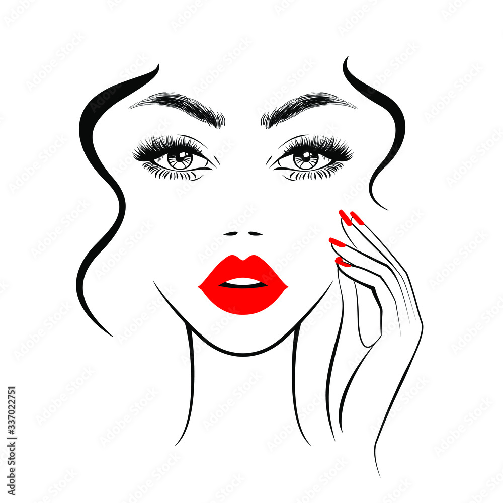 Beautiful sexy face, red lips, hand with red manicure nails, fashion woman, element design, nails studio, curly hairstyle, hair salon sign, icon. Beauty Logo. Vector illustration. Hand drawing style. Beautiful sexy face, red lips, hand with red manicure nails, fashion woman, element design, nails studio, curly hairstyle, hair salon sign, icon. Beauty Logo. Vector illustration. Hand drawing style.