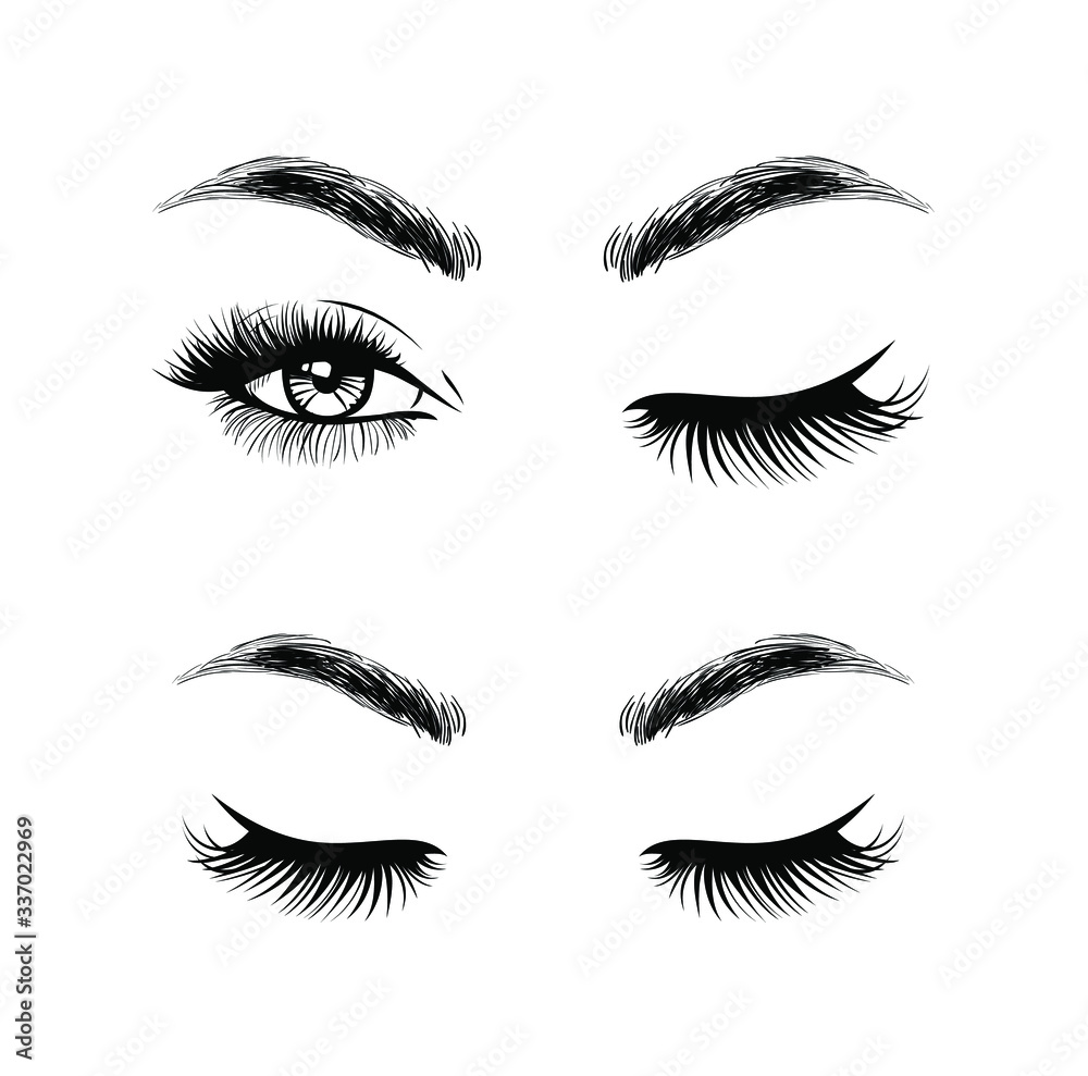 Set open eyes, closed eyes. Beautiful woman face, eyebrows and lush eyelashes, lashes extensions. Element design. Beauty Logo. Vector illustration.