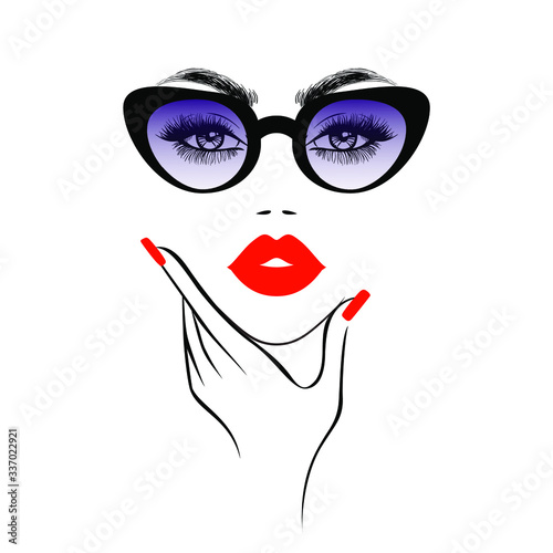 Fashion woman in stylish sunglasses,  hand wit red nails, red lips, print pattern for t-shirt, abstract wallpaper background. Beauty logo. Vector illustration. 