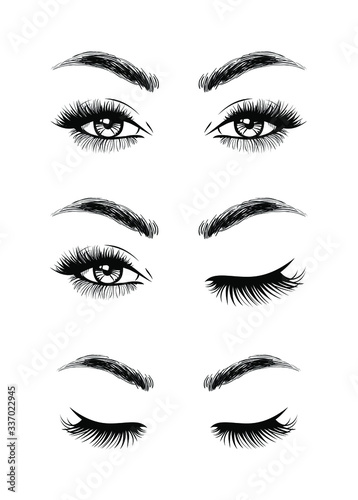 Set open eyes, closed eyes. Beautiful woman face, eyebrows and lush eyelashes, lashes extensions. Element design. Beauty Logo. Vector illustration.