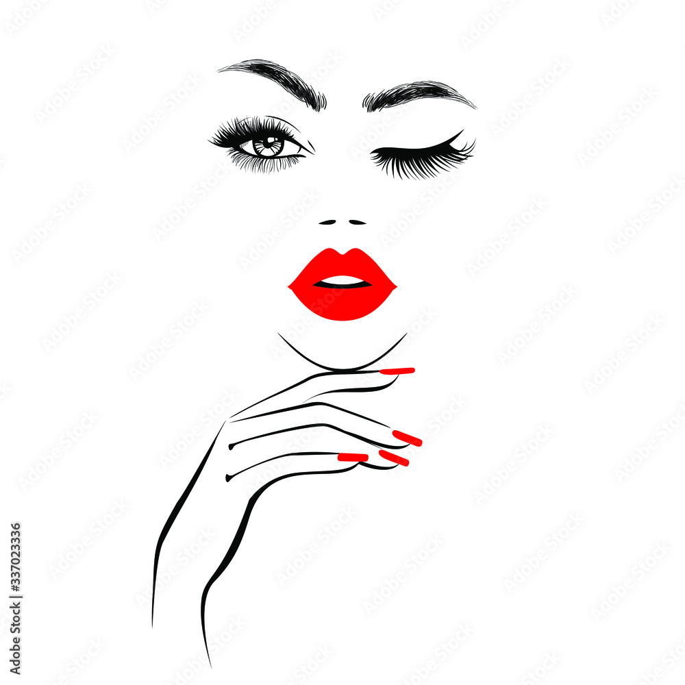 Beautiful woman face with red lips, lush eyelashes, one eye open one closed, hand with red manicure nails. Spa salon. Beauty Logo. Vector illustration Beautiful woman face with red lips, lush eyelashes, one eye open one closed, hand with red manicure nails. Spa salon. Beauty Logo. Vector illustration