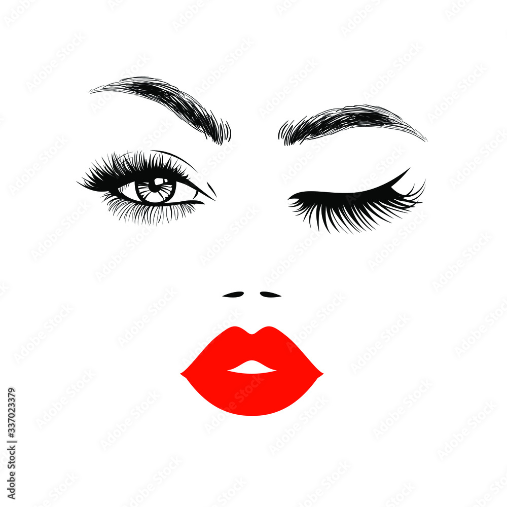 Beautiful woman face with red lips, eyebrows and lush eyelashes, one ...