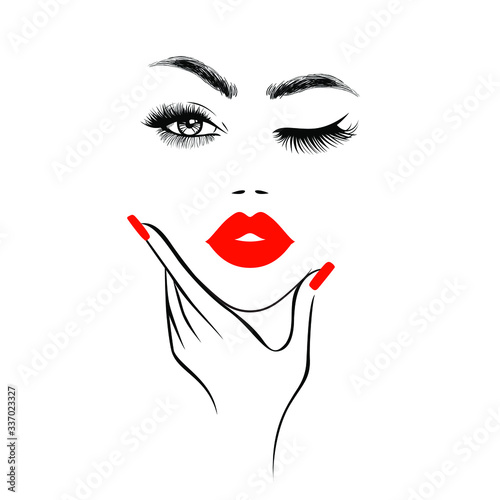 Beautiful woman face with red lips, lush eyelashes, one eye open one closed, hand with red manicure nails. Spa salon. Beauty Logo. Vector illustration