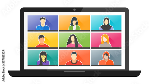 9 Panels Young Man & Woman Online Virtual Remote Meetings, Video Web Conference Teleconference. Millennial Teenager College University School Student Team Stay Study Learn From Home WFH Live Stream