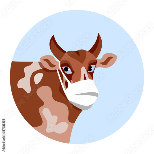 Bull or ox head in blue circle. Cute farm animal in protective mask. Brown bull in mask. Animal face mask. Eco dairy and milk safe production and industry. Vector illustration isolated on white