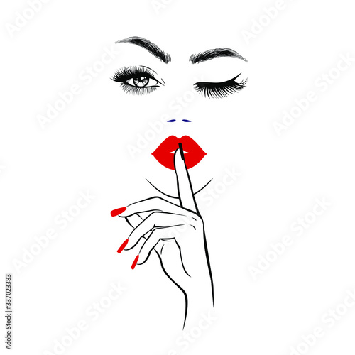 Foto Beautiful woman face with red lips, lush eyelashes, one eye open one closed, hand with red manicure nails