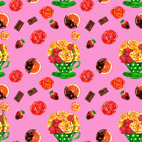 Green cup with roses, chocolate covered strawberries and orange fruit. Dessert seamless pattern design for fabric, wallppaer, paper, packaging. photo
