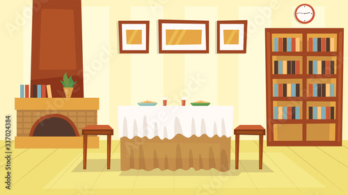 Cozy Interiors Concept. Vintage Home Interior With Beautiful Fireplace  Served Table For Two Persons With Meal And Drinks  Bookcase  Clock  Plants And Pictures. Cartoon Flat Style Vector Illustration