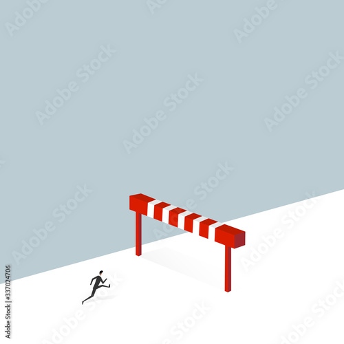 Business Konzept - Geschäftsmann läuft auf Hindernis zu. Karriere, Erfolg im Job. Vektor.