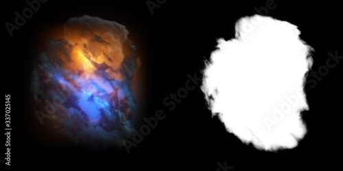 Isolated abstract lightning and smoke with turbulent motion, Multi-color powder, fog, smoke explosion. alpha channel with black/white matte for post-production, digital composition. 3D render 