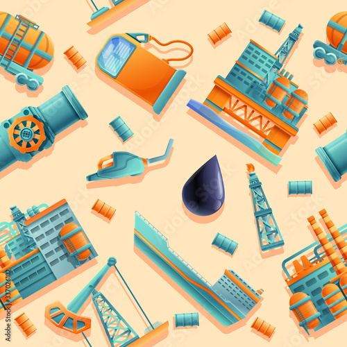 seamless background of cartoon icons on the theme of oil production and refining, vector illustration