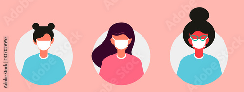 Coronavirus pandemic. New coronavirus (2019-November), set of young woman, teenagers in a white medical face mask. Concept of coronavirus quarantine vector illustration.