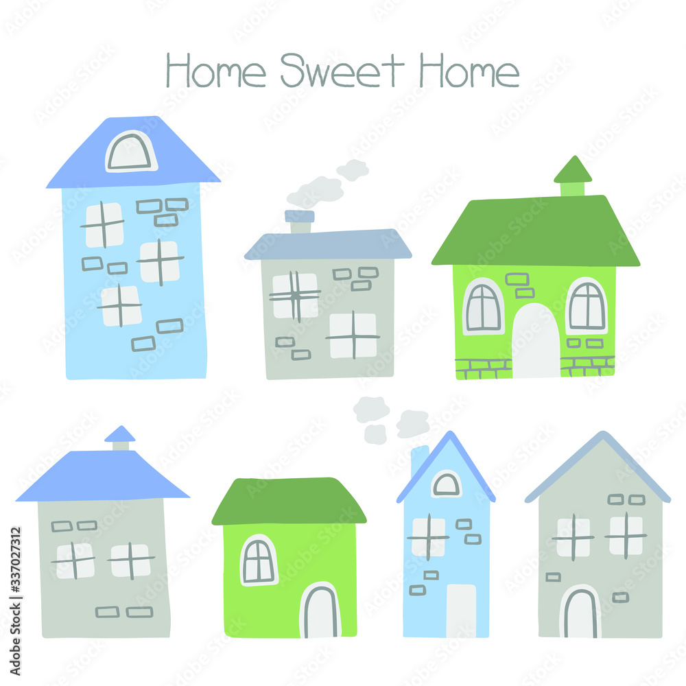 Collection of houses. Doodle Scandinavian style. White background. Vector illustration. 