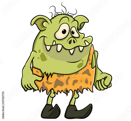 Cartoon green troll in the clothes of a prehistoric man. isolated on white background vector